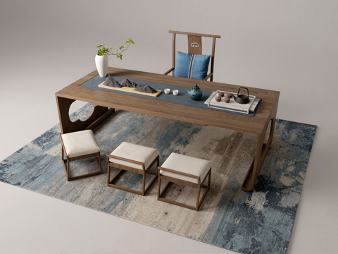 新中式 摆件   茶桌椅su模型