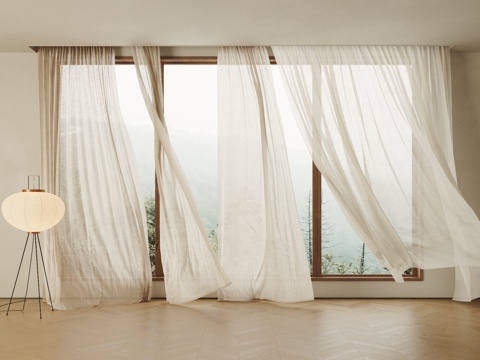  侘寂奶油风窗帘 布艺窗帘 飘动窗帘 落地灯 地板3d模型 