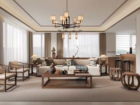  新中式客厅3d模型 