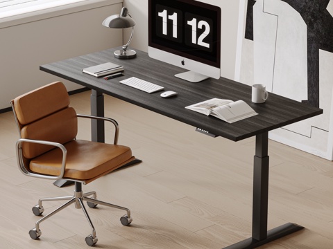 现代简约升降办公桌  办公椅 电脑su模型