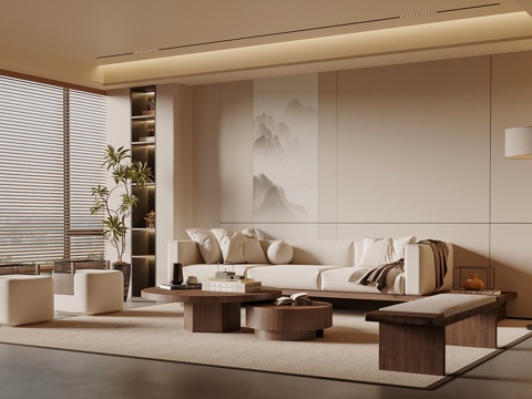 宋式禅意客厅 沙发茶几组合 沙发背景墙 家居客厅su模型