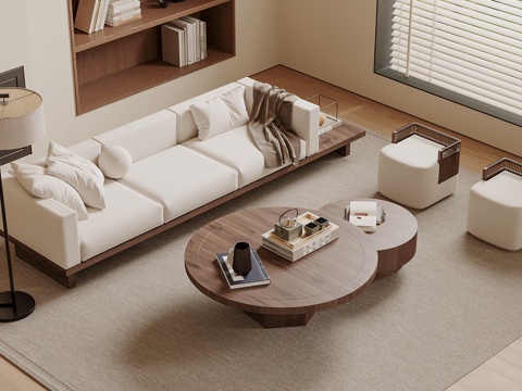 宋式沙发茶几组合 木制沙发 多人沙发 长形茶几su模型