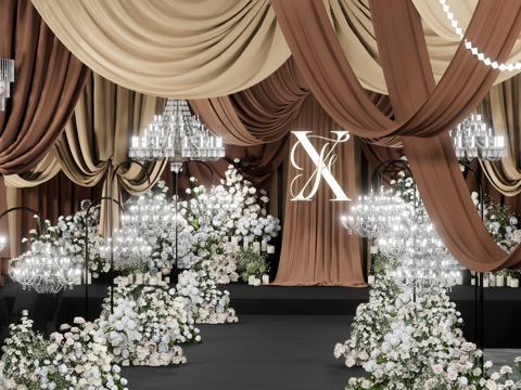 咖啡色布幔婚礼吊顶花艺美陈su模型