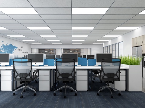 现代公共办公室 开放办公 办公桌椅 办公边柜 茶水柜3d模型 