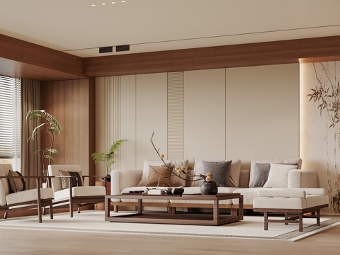 宋式禅意客厅 沙发茶几组合 沙发背景墙 家居客厅su模型