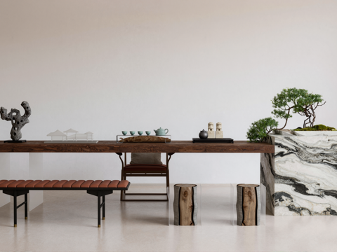  新中式茶桌椅su模型 