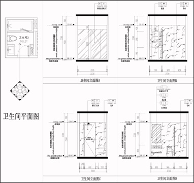 卫生间立面图  墙面节点 卫生间平面布局  卫浴节点cad施工图