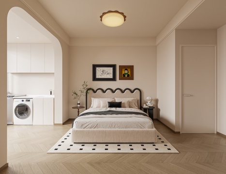  奶油风简约卧室3d模型 