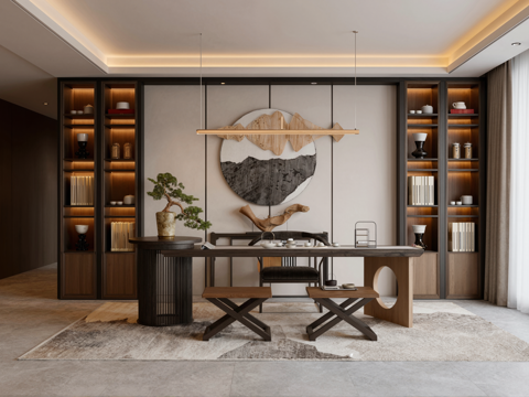  新中式茶室 茶桌椅组合su模型 