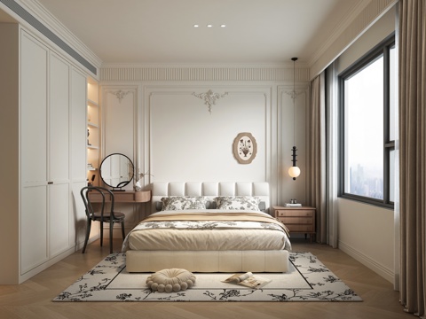  奶油风主卧3d模型 