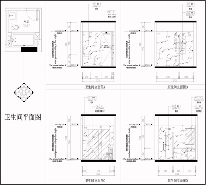 公卫平面布局 卫浴节点 卫生间立面图  墙面节点cad施工图