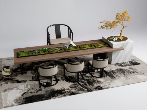 新中式茶桌椅su模型