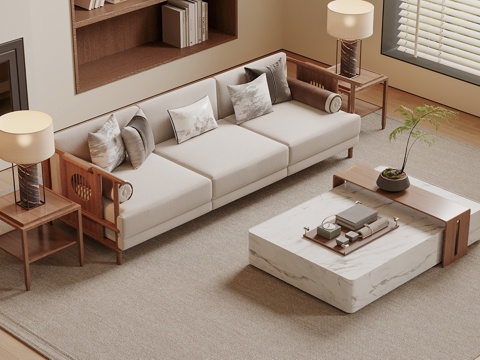 宋式沙发茶几组合 木制沙发 多人沙发 长形茶几su模型