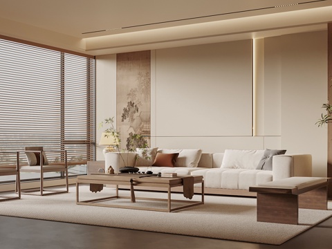  宋式禅意客厅 沙发茶几组合 沙发背景墙 家居客厅3d模型 