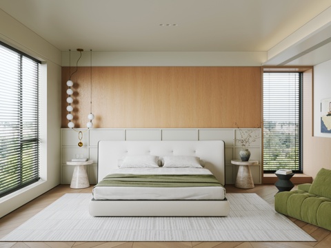  原木奶油风卧室 飘窗卧室 主卧 奶油风卧室3d模型 