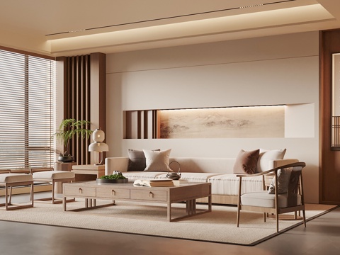  宋式禅意客厅 沙发茶几组合 沙发背景墙 家居客厅3d模型 