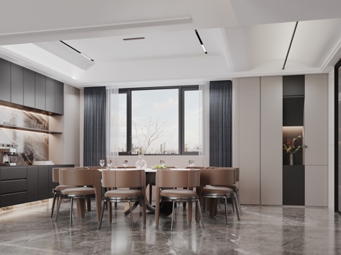  意式现代黑白灰复式挑空客餐厅3d模型 