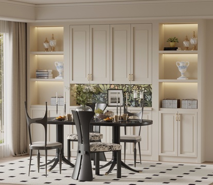 法式奶油风餐厅 餐边柜 餐桌椅su模型su模型