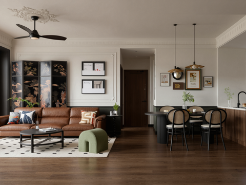  复古微美式客厅现代家居客厅su模型 