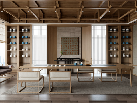  新中式茶室 茶桌椅组合su模型 