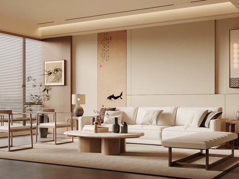  宋式禅意客厅 沙发茶几组合 沙发背景墙 家居客厅3d模型 
