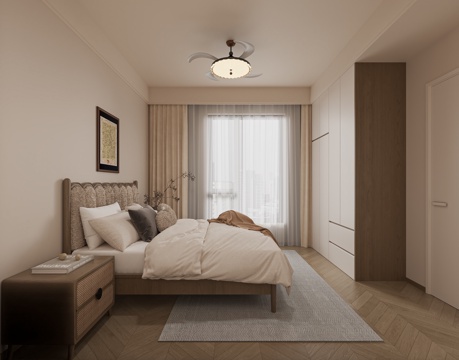  奶油风简约卧室3d模型 