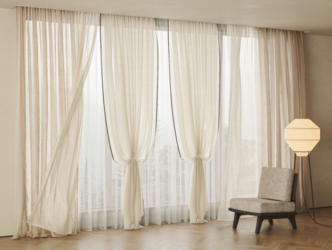 现代法式窗帘 遮光帘 纱帘su模型