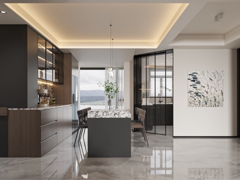  意式轻奢岛台餐厅3d模型 