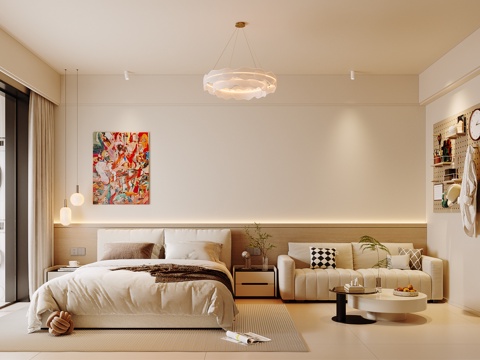  奶油风卧室3d模型 