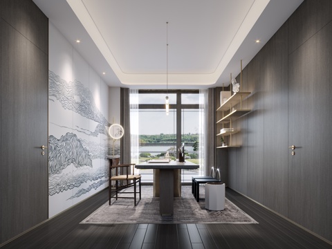  现代新中式书房3d模型 