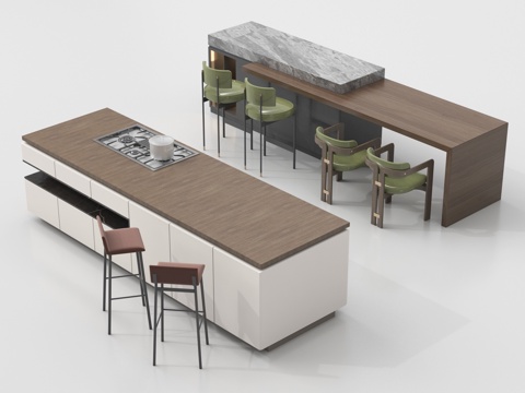 现代中岛台 吧台 操作台 餐桌椅su模型