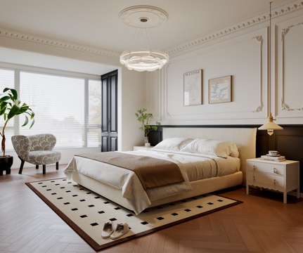  法式卧室 布艺双人床 床头柜 吊灯 挂画 休闲椅 地毯3d模型 