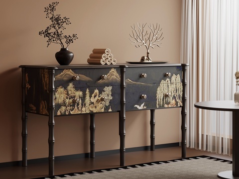  新中式端景柜 玄关柜su模型 