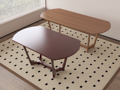  中古风餐桌 长形圆弧 木质餐桌3d模型 