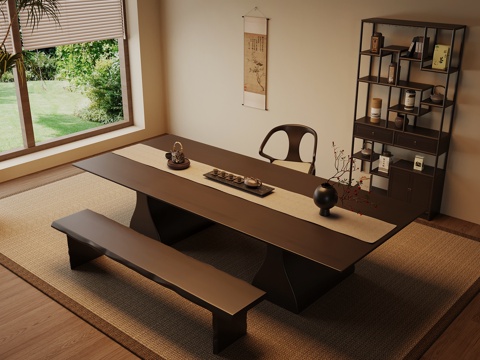  新中式茶桌椅 实木茶桌3d模型 