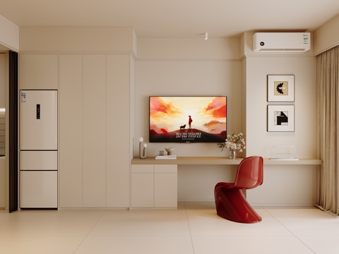  奶油风电视书桌一体柜3d模型 