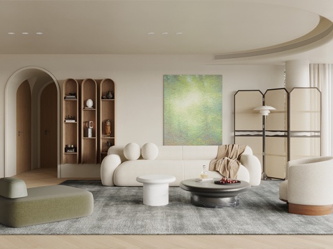  中古侘寂风客厅 沙发茶几组合 装饰柜 屏风隔断 置物架 书架3d模型 