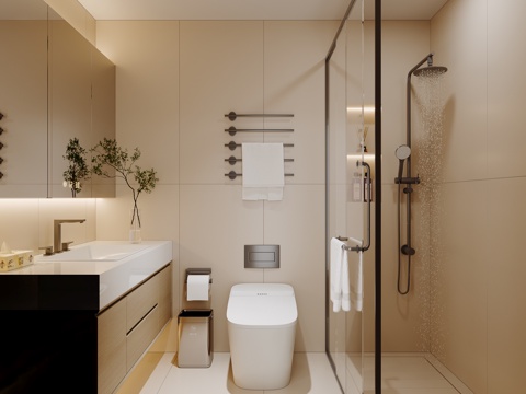  奶油风卫生间su模型 