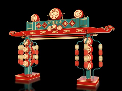  新中式古建牌坊 国潮国风街区夜市出入口 美陈牌楼 景区门楼3d模型 