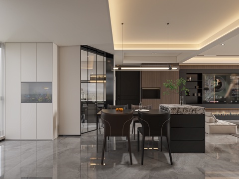  意式轻奢岛台餐厅3d模型 