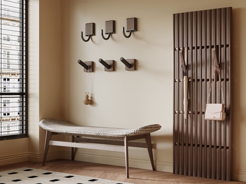  中古风换鞋凳 挂钩 洞洞板3d模型 