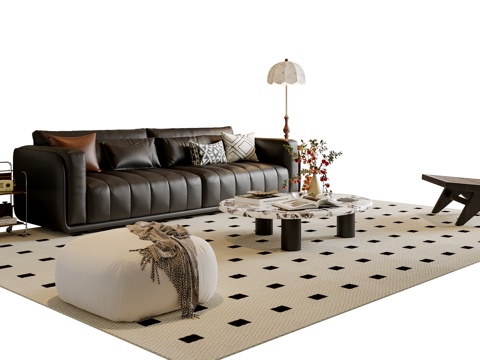 法式沙发茶几组合 多人沙发 休闲椅 落地灯 地毯su模型