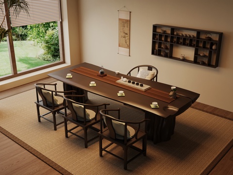  新中式茶桌椅 实木茶桌3d模型 