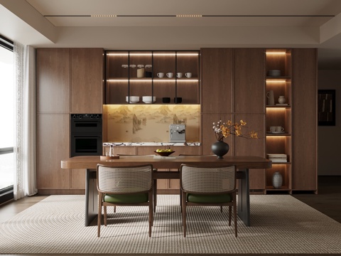  中古风餐厅 餐桌椅su模型 