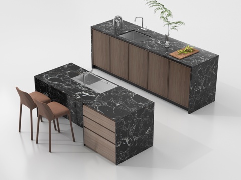  现代中岛台 吧台 操作台 餐桌椅3d模型 