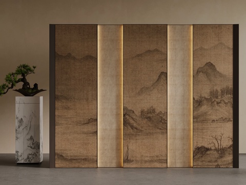  新中式屏风 隔断su模型 