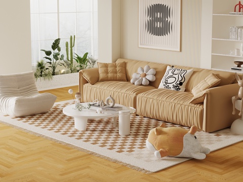 现代奶油风沙发茶几组合su模型