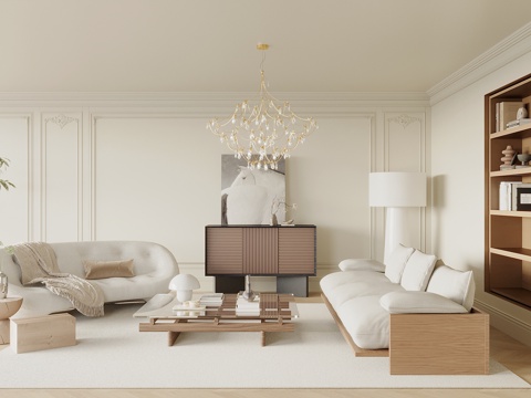  中古侘寂风客厅 沙发茶几组合 装饰柜 边柜 置物架 书架 落3d模型 