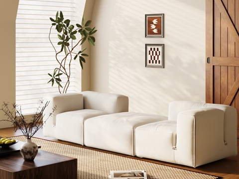 现代中古风多人沙发 布艺休闲沙发su模型