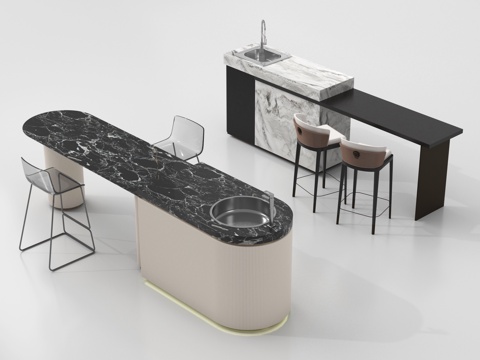 现代中岛台 吧台 操作台 餐桌椅su模型